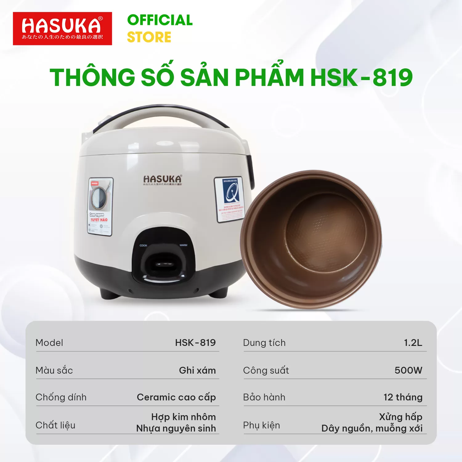 NỒI CƠM ĐIỆN 1.2L HASUKA HSK-819