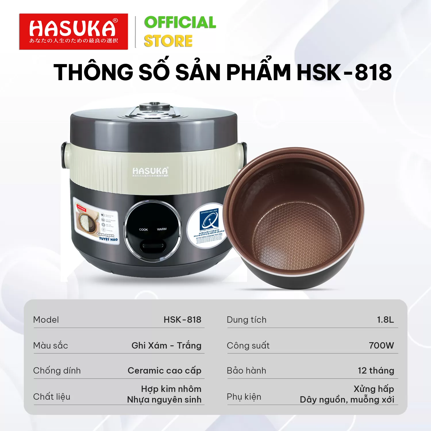 NỒI CƠM ĐIỆN 1,8L HASUKA HSK-818