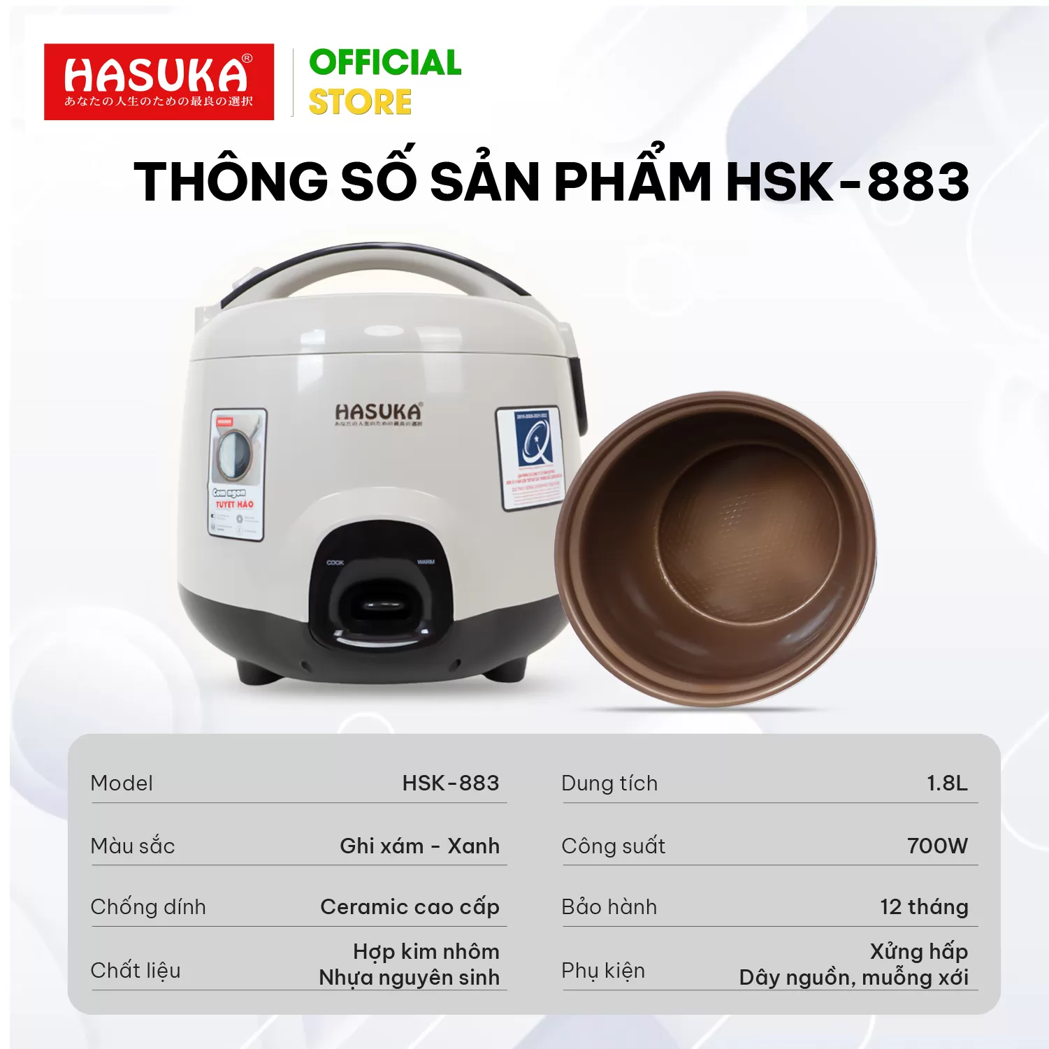 NỒI CƠM ĐIỆN 1,8L HASUKA HSK-883